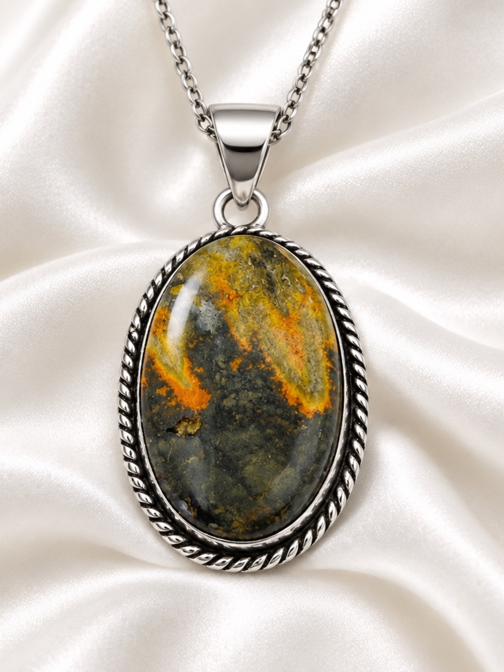 Sterling Silver Oval Bumblebee Jasper Pendant Necklace - Yellow & Black Accent
